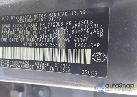 2019 Toyota Camry Le из США, поврежденный, VIN 4T1B11HKXKU257188